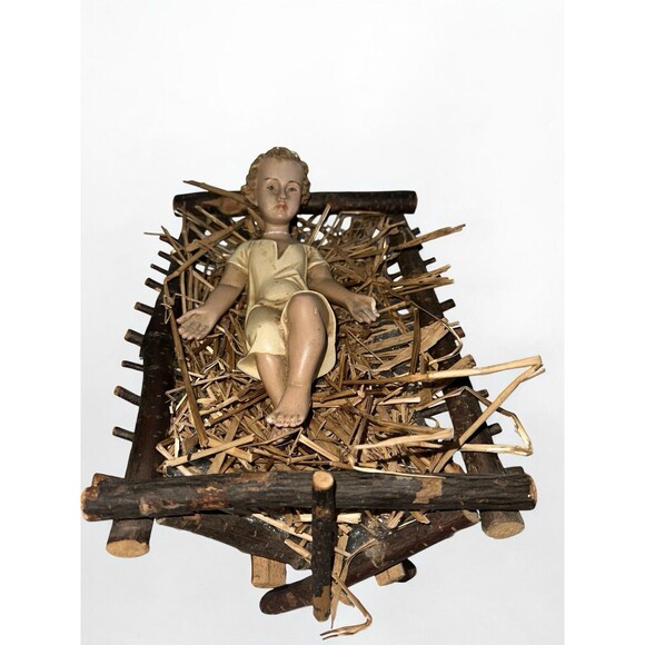 Antique Infant Jesus 1900s Real Wood Manger Nativity Baby Religious Decor - Picture 1 of 16